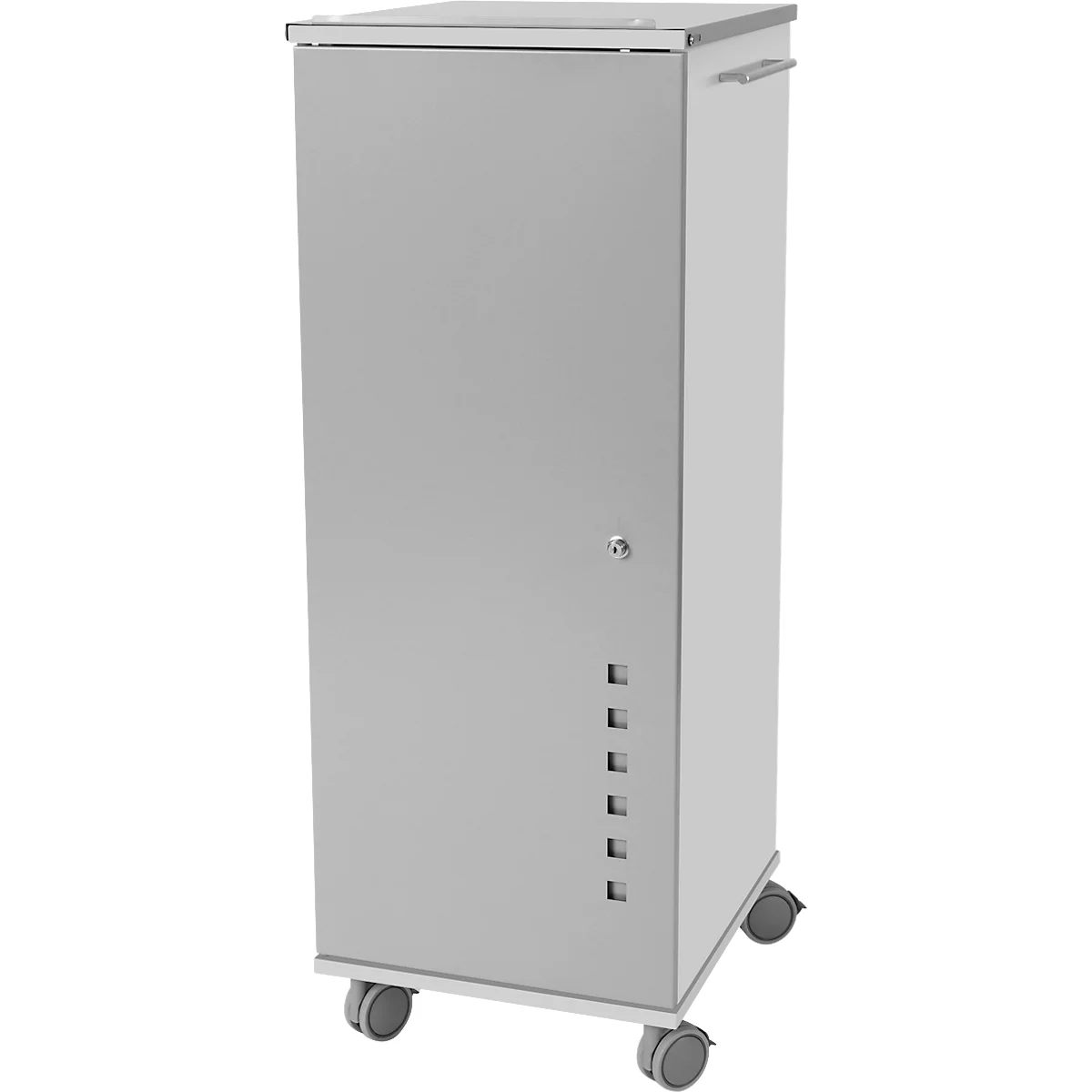 Grey cabinet on wheels with a handle, ventilation slots and lock. The cabinet stands on four small castors.