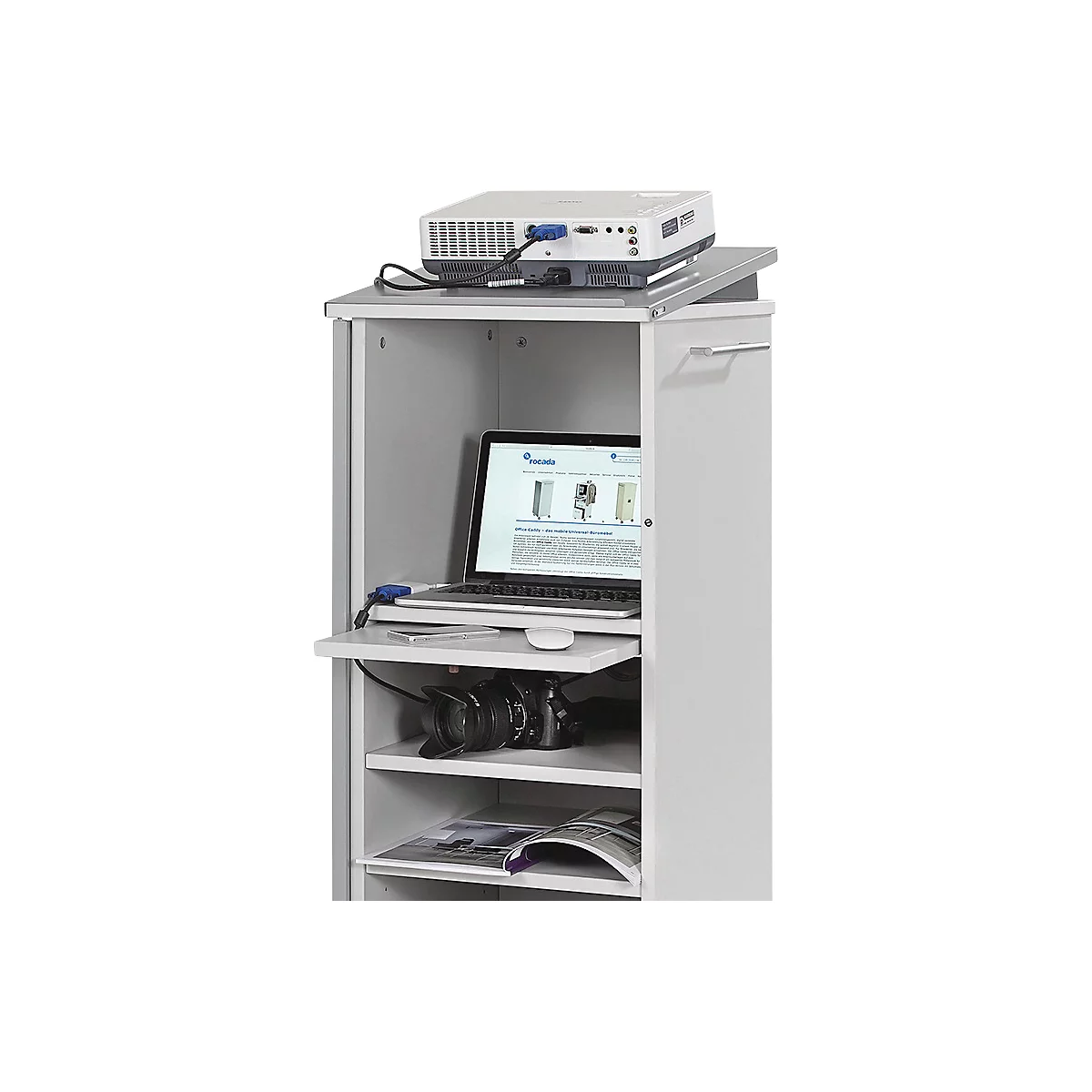 White presentation cart with laptop, camera and projector, website open.