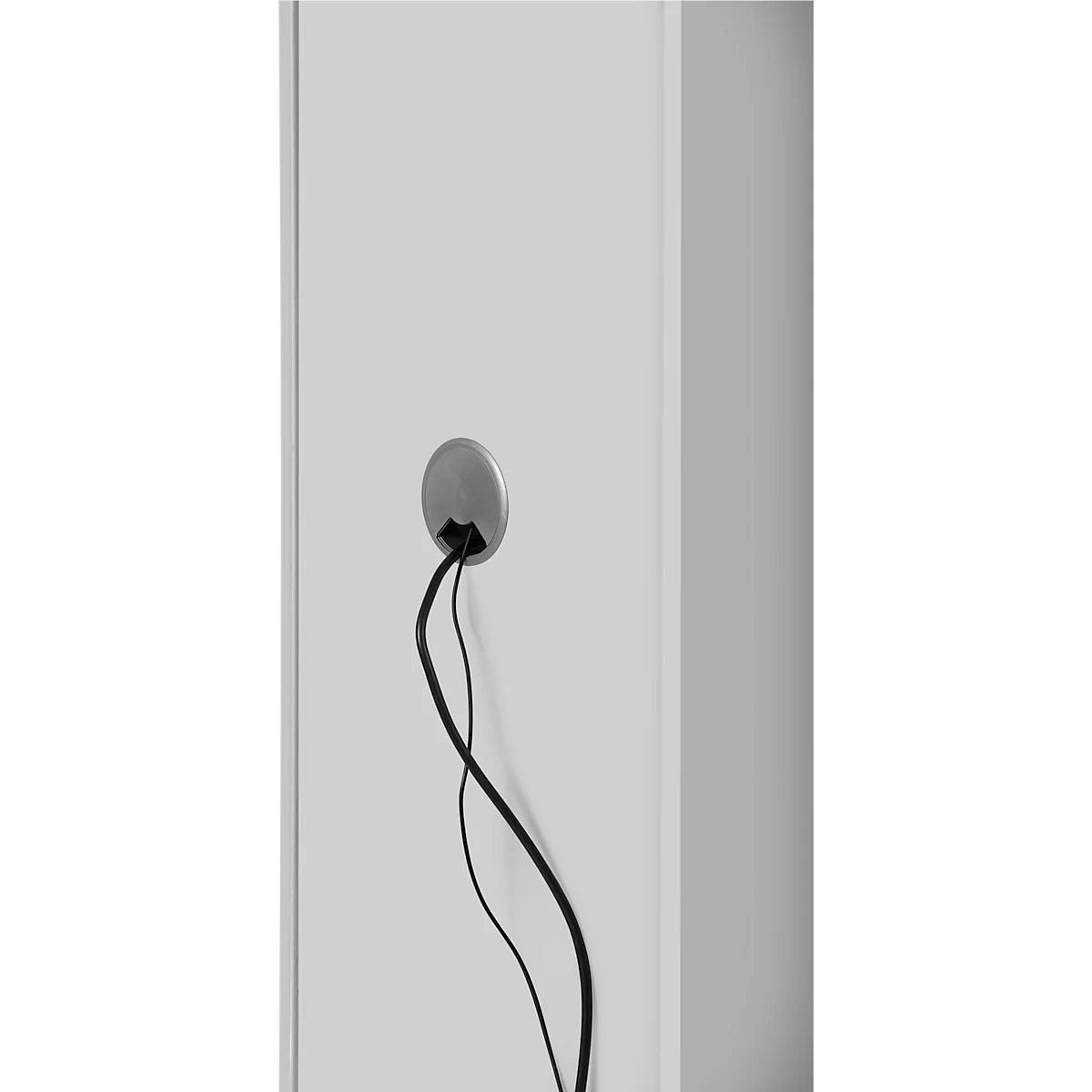 A gray cable inlet with black cables protruding from a white wall.