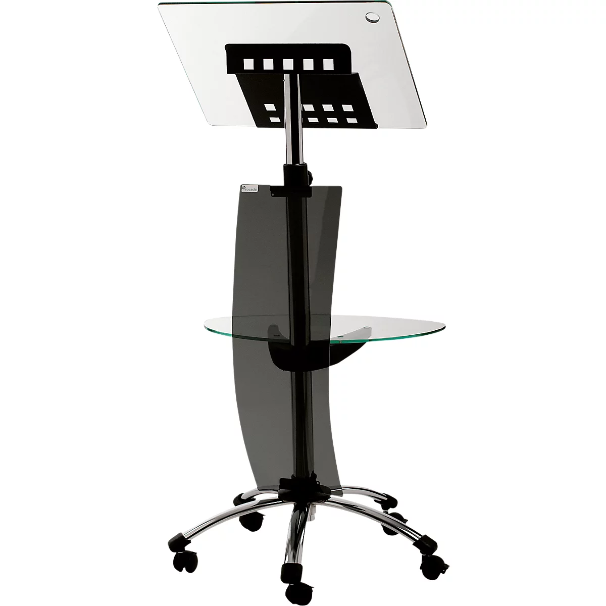 A black glass lectern with wheels. It has a top shelf for notes and a bottom shelf.