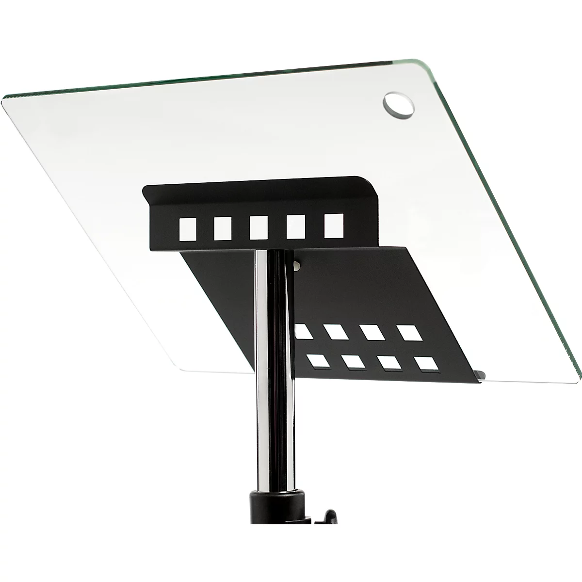A lectern with a glass top and metal bracket. The bracket has square openings.