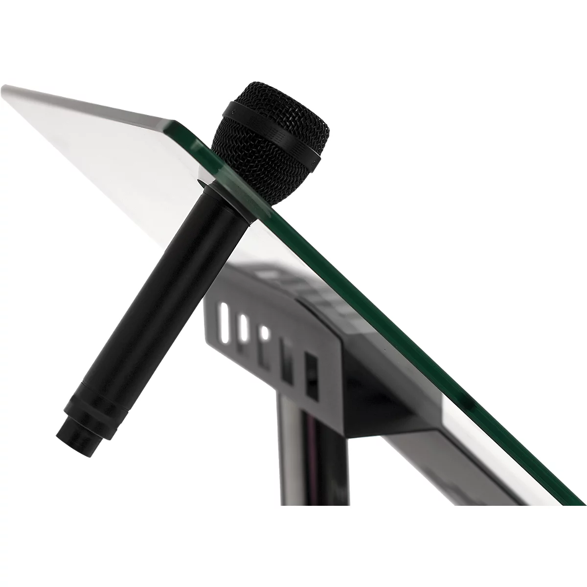 Black microphone on a lectern with a glass plate.