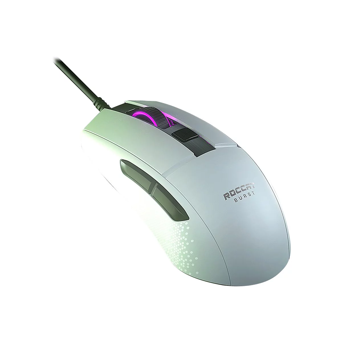 Souris de jeu blanche avec une molette de défilement illuminée en violet. "ROCCAT BURST" est écrit sur la souris.