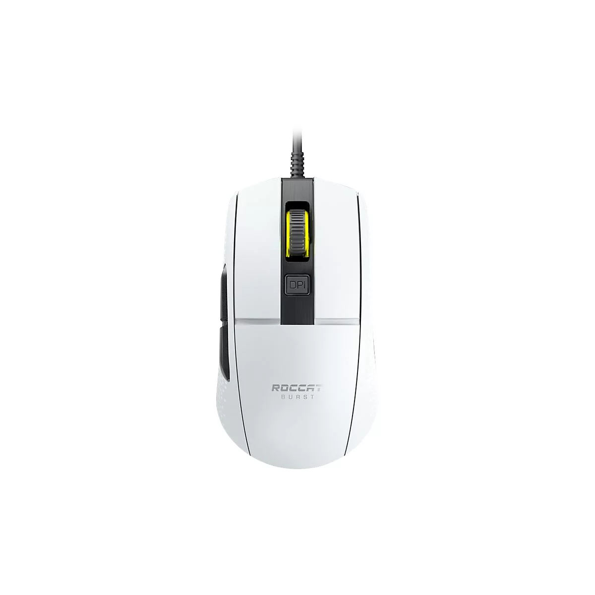 Souris de jeu blanche, ROCCAT BURST. Avec des éléments jaunes et un bouton DPI. Connectée.