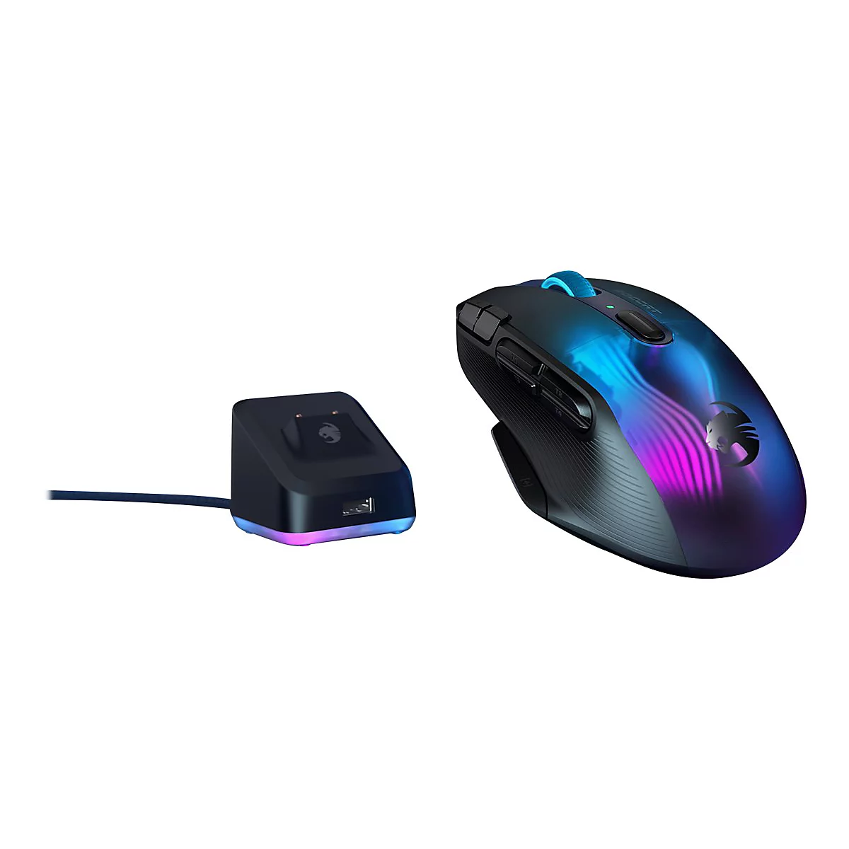 Souris de jeu sans fil et station de recharge sur fond blanc. La souris est noire avec des effets de lumière colorés.