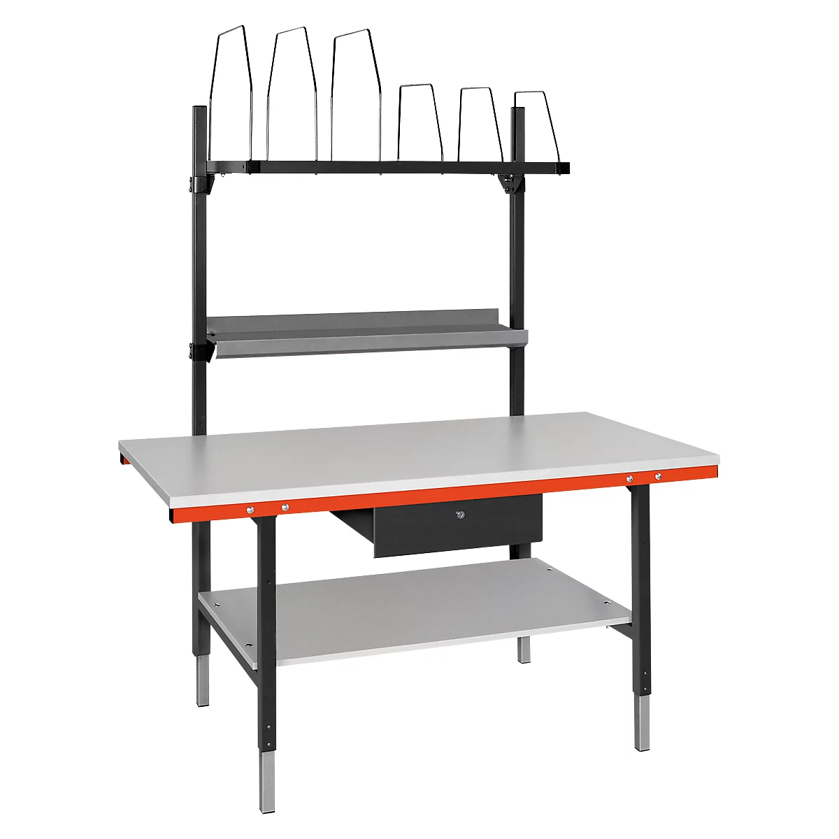 Work bench with frame, shelf, and drawer. Above is a storage compartment for documents.