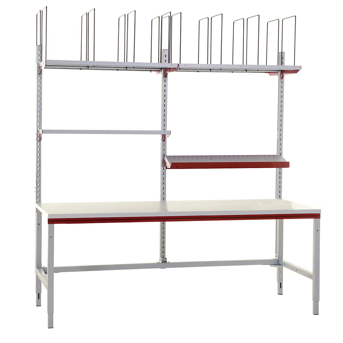 White workbench with red edge and shelf. Above are metal brackets.
