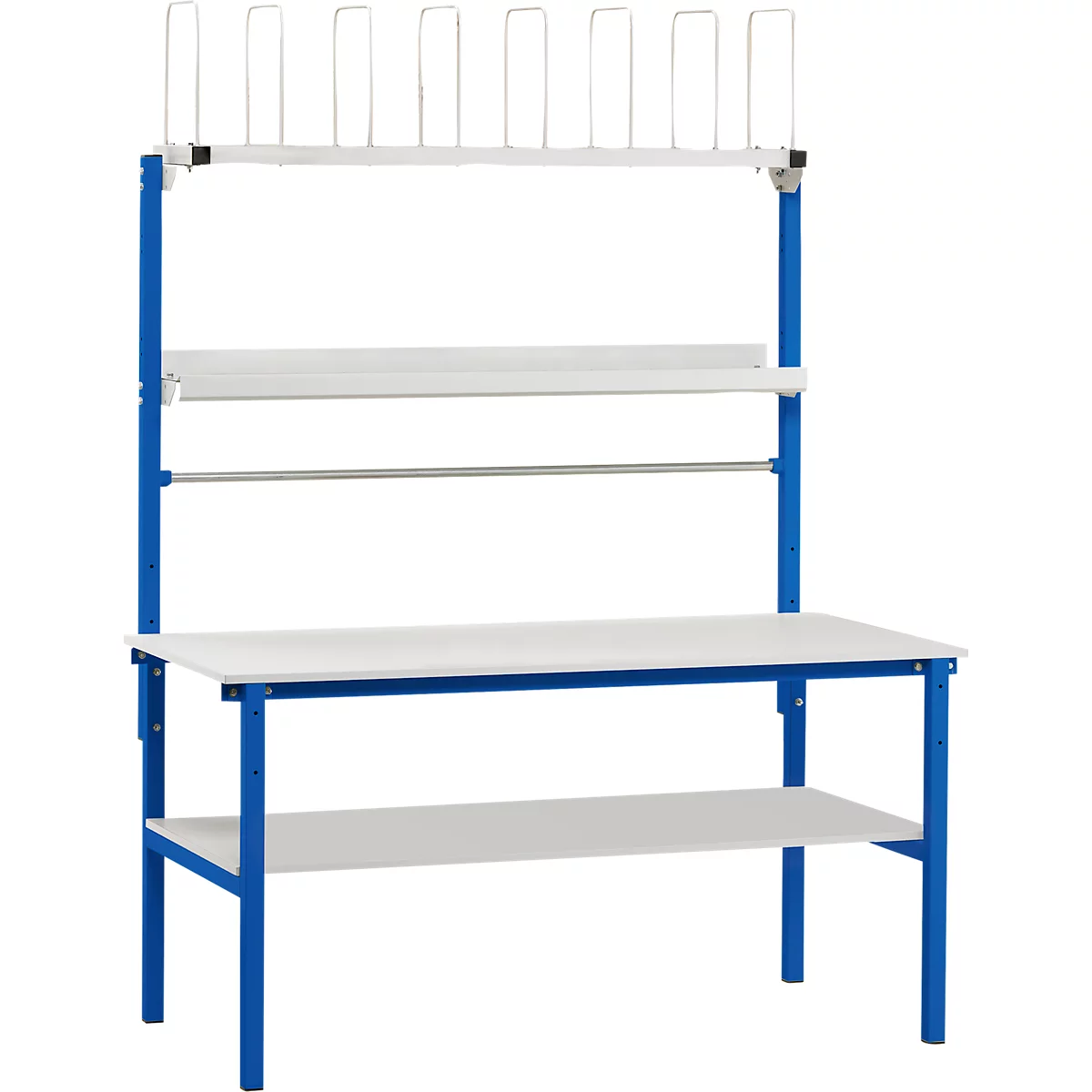 Workbench with blue frame, white worktop, shelves, and a holder for accessories.