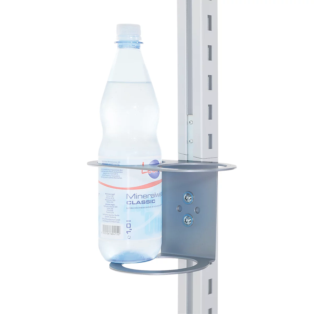 Water bottle in holder on a post. Inscription: Mineral water CLASSIC. Holder silver.