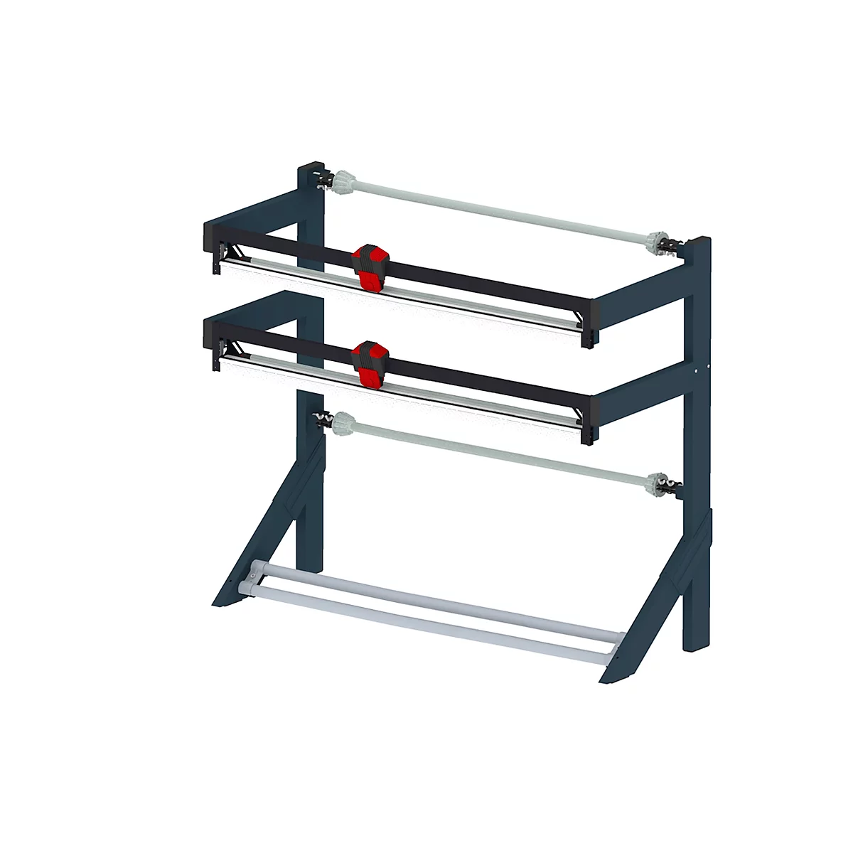 Gray paper roll holder with two levels, black cutting tools and red knobs.