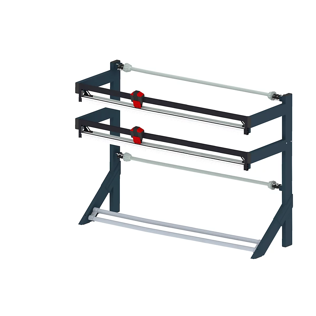 Graphic of a paper roll holder, dark grey with red details, two levels, rolls at top and bottom.