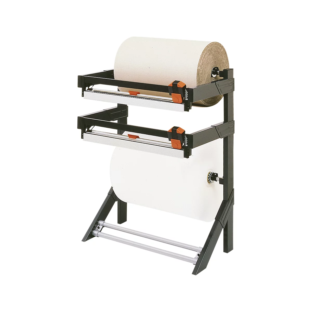 Paper roll holder with two rolls, orange clamps, black frame, and silver cutting elements.