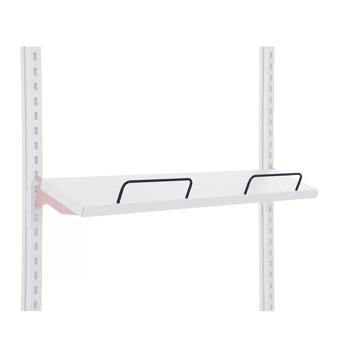 A white shelf with black steel wire brackets, mounted to white, perforated wall strips.