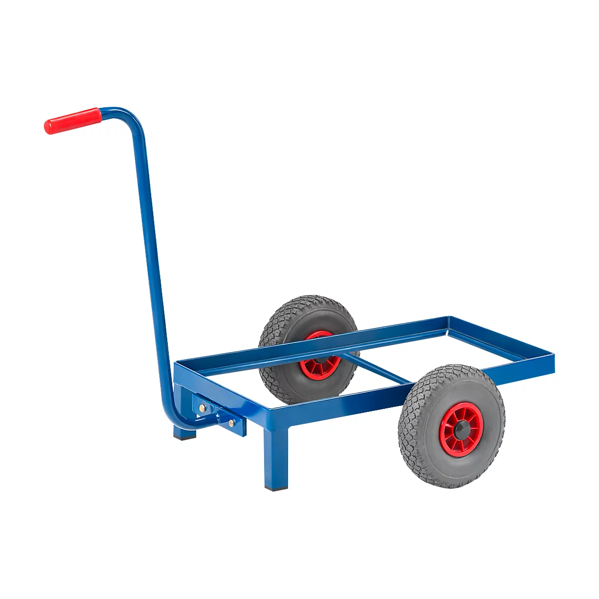 Carro de transporte pintado de azul. Mango y buje de rueda rojos. Neumáticos grises. Marco de acero.