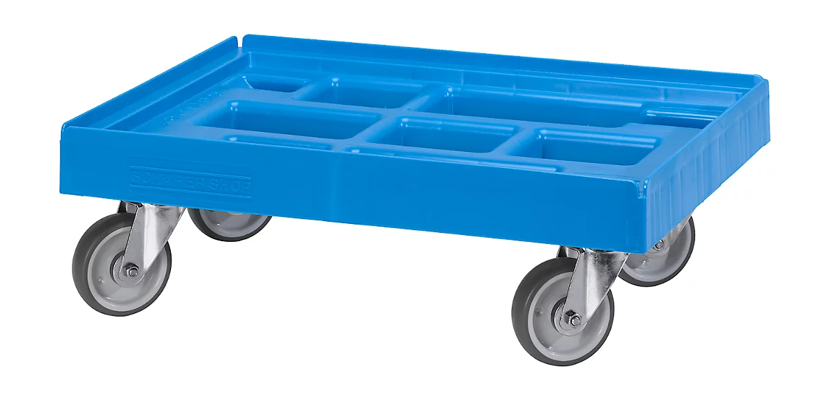 Rodillo de transporte Schäfer Shop Pure, Euronorm, hasta 300 kg, con borde de apilado, ruedas giratorias, L 610 x A 410 mm, HDPE & TPU, azul claro RAL 5012