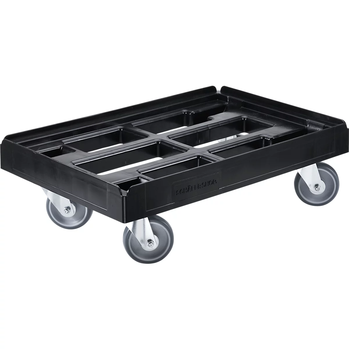 Rodillo de transporte Schäfer Shop Pure, Euronorm, hasta 300 kg, con borde de apilado, ruedas giratorias, L 610 x A 410 mm, HDPE &amp; TPU, negro intenso RAL 9005