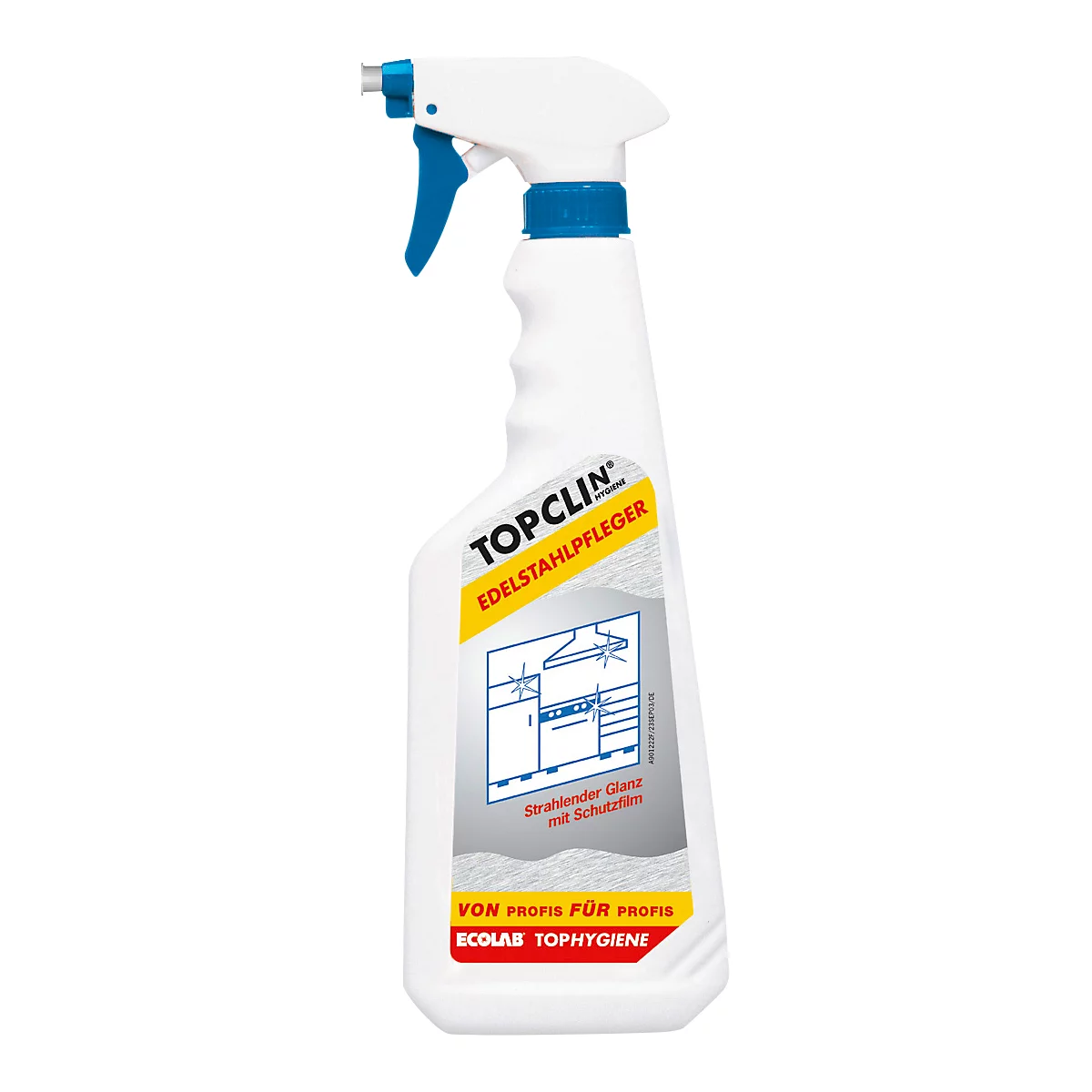 Witte TOPCLIN roestvrijstalen reinigersprayfles met blauwe sproeikop. Opdruk: keukenelementen, opschriften.