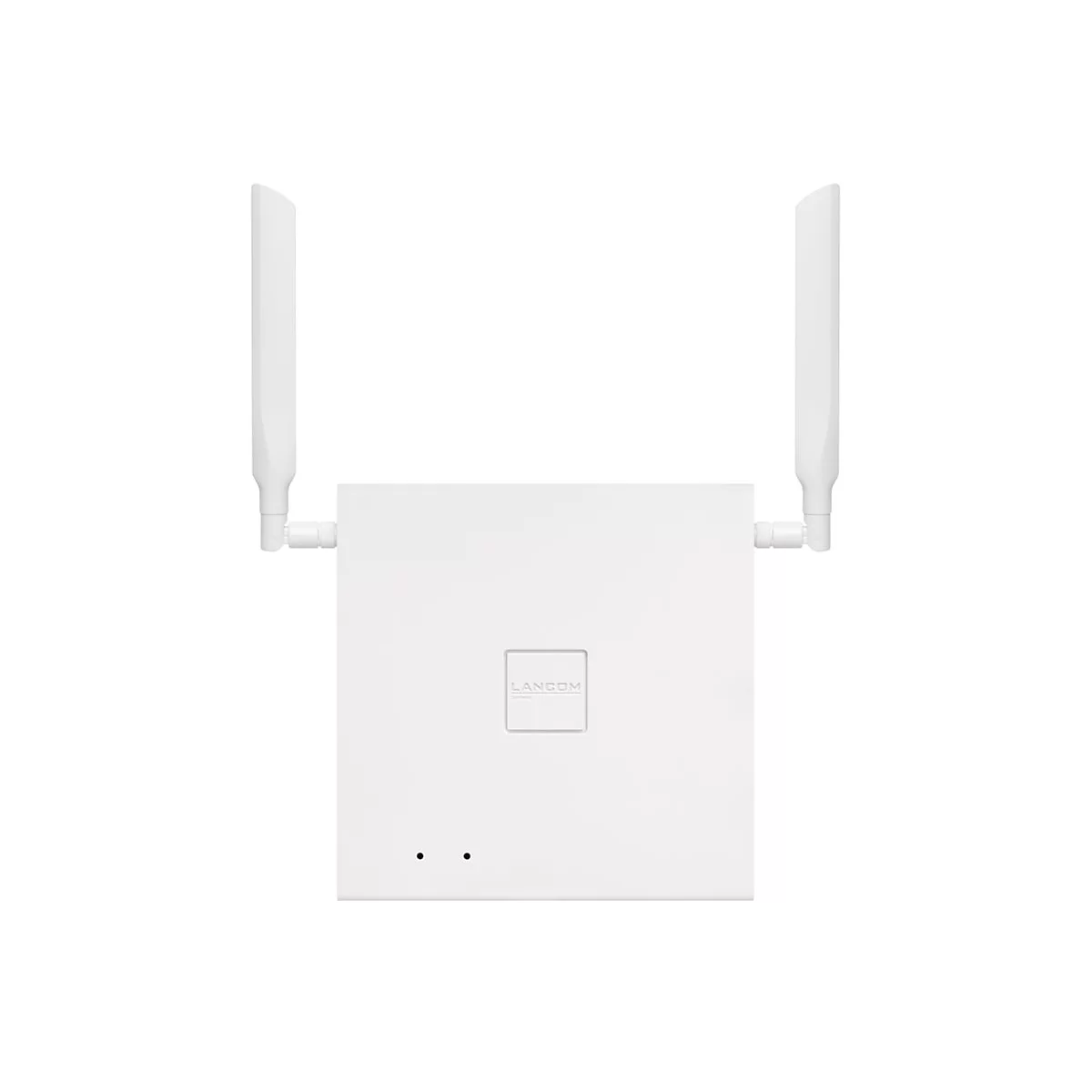 Ein weißer WLAN-Router mit zwei Antennen. Unten befinden sich zwei LED-Anzeigen. Das Logo ist "LANCOM".