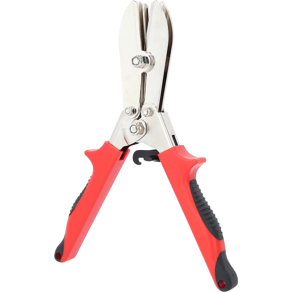 Metall-Blechschere mit roten Griffen, Detailaufnahme auf weißem Hintergrund.