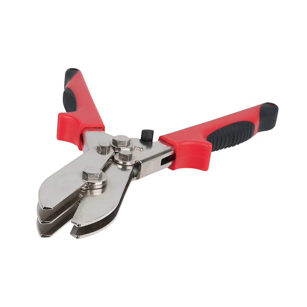 Zange mit roten Griffen und silbernen Schneidbacken. Die Griffe sind mit schwarzem Gummi versehen.