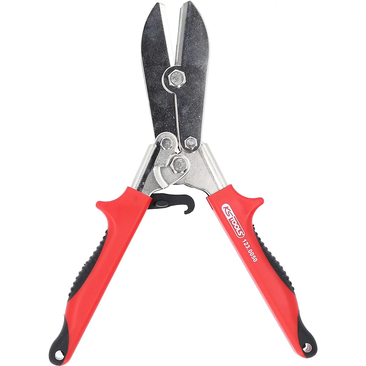 Blechschere mit roten Griffen, silbernen Klingen und Herstellerlogo.