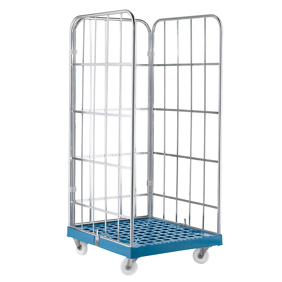 Rolcontainer, 3-zijdig, kunststof vloerplaat, 724 x 815 x 1850 mm, blauw (RAL 5012)