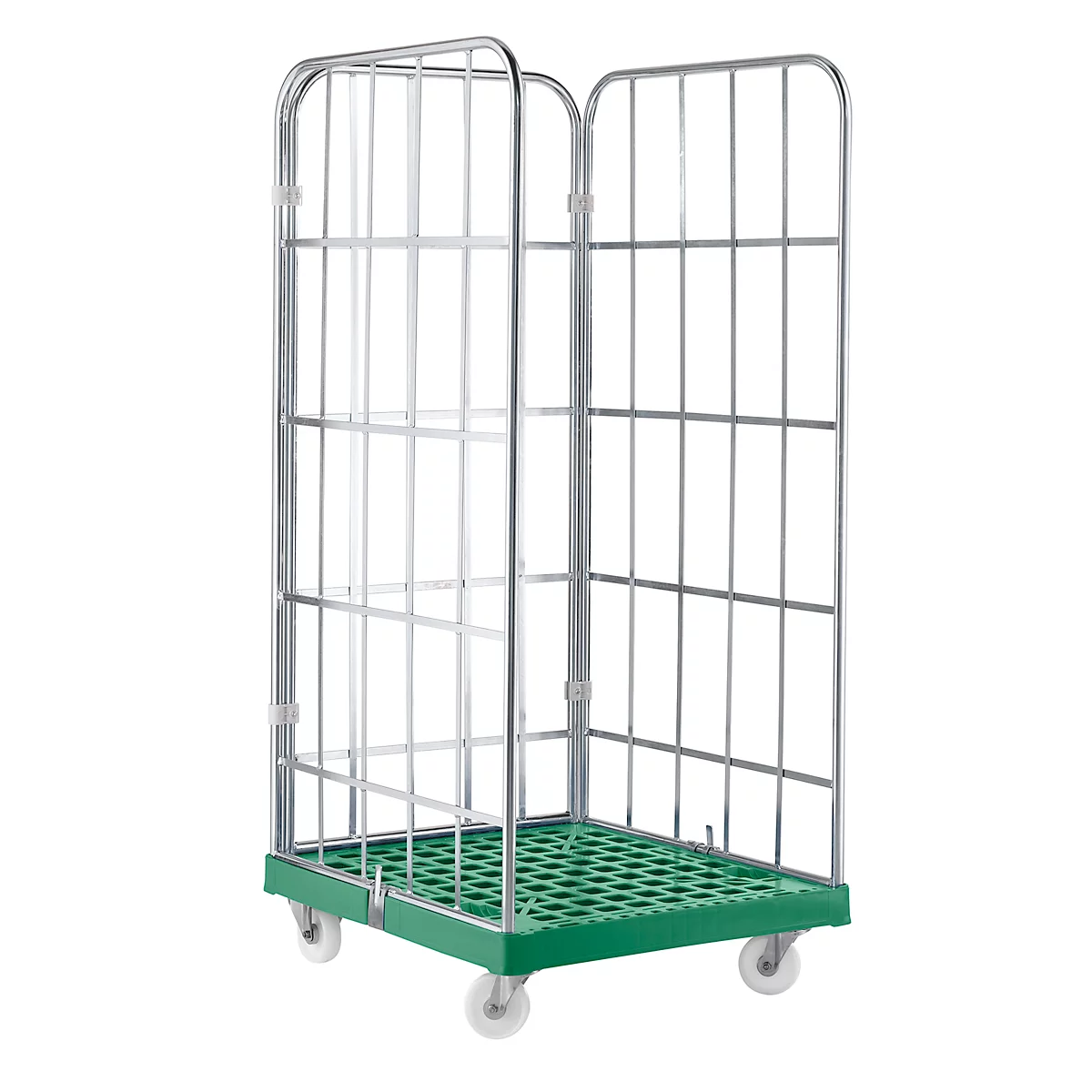 Rolcontainer, 3-zijdig, kunststof vloerplaat, 724 x 815 x 1850 mm, groen (RAL 6024)