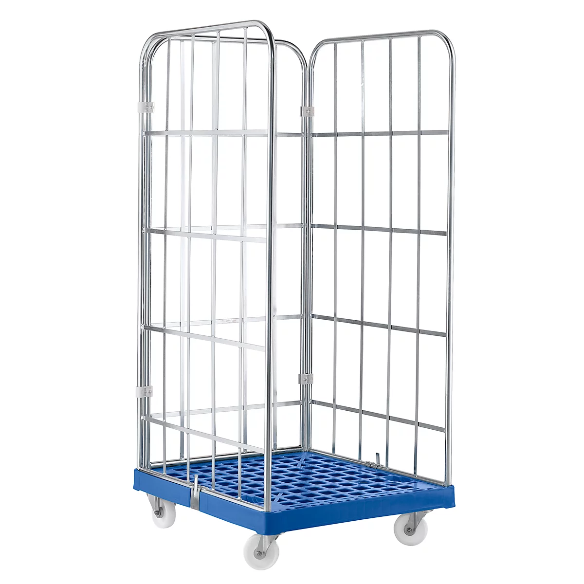 Rolkooi met blauwe bodem en roosterframe tegen witte achtergrond. Het heeft vier wielen.