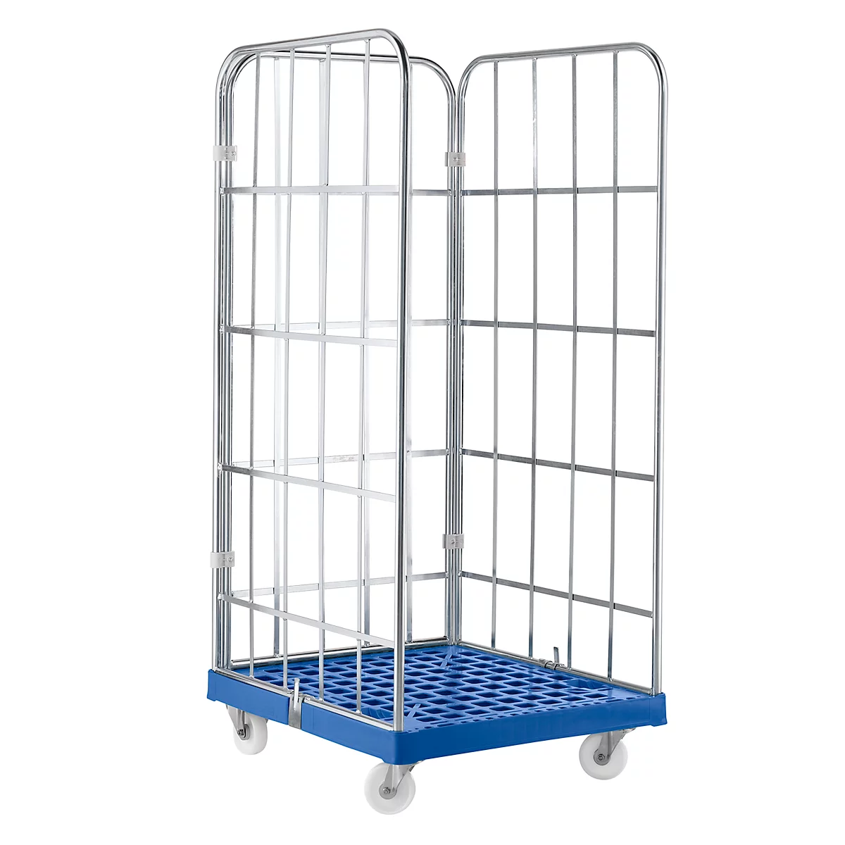 Rolkooi met blauwe basis en wielen. Het rooster is zilverkleurig en rechthoekig.