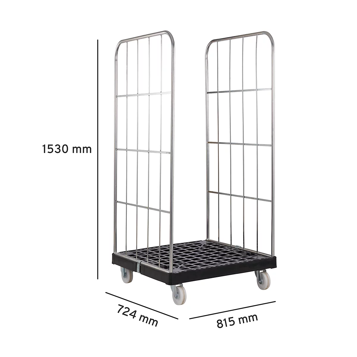 Metalen trolley met roosterbasis, vier wielen en afmetingen: 1530 mm hoog, 724 mm breed, 815 mm diep.