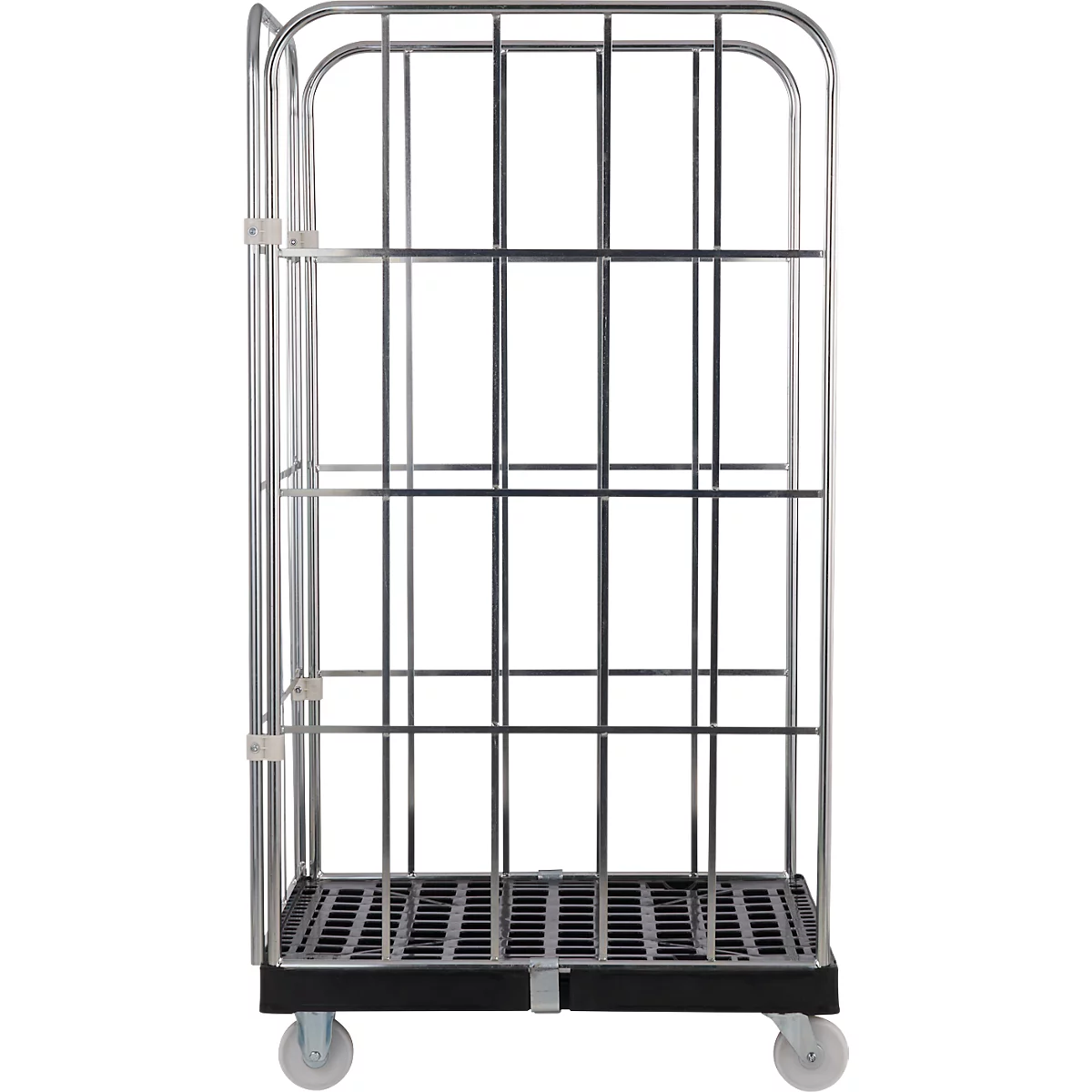 Metalen transportwagen, roosterstructuur, met wielen en drie planken.