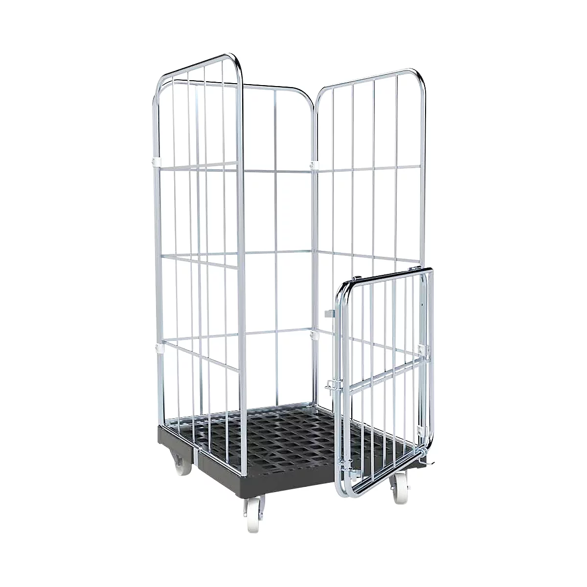 Een lege, zilveren rolcontainer met een open deur staat op een witte achtergrond. De roosters zijn rechthoekig en bevestigd op een zwarte basis.