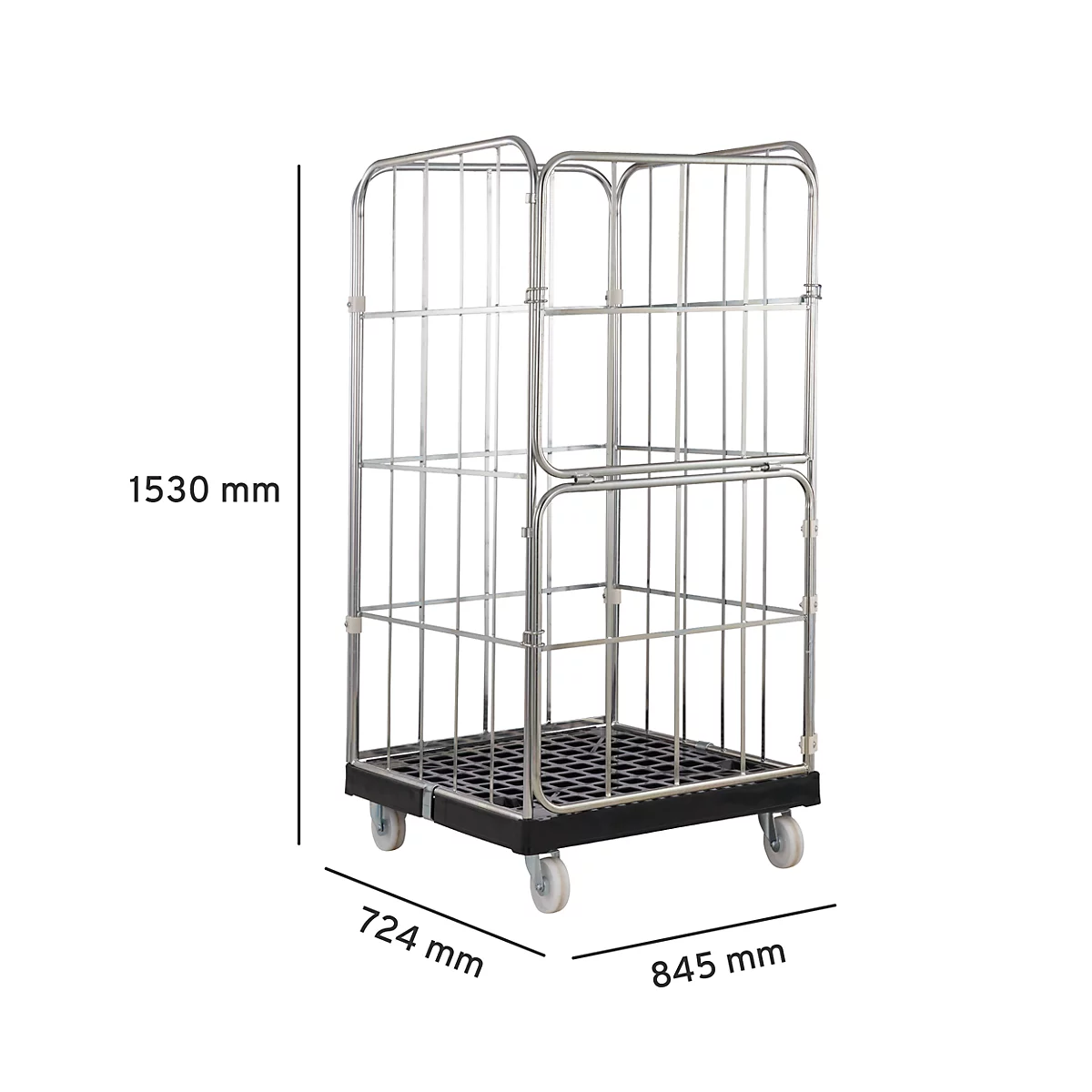 Gaaswagen met afmetingen: 1530 mm hoog, 724 mm breed, 845 mm diep. Zwarte basis, grijze wielen.