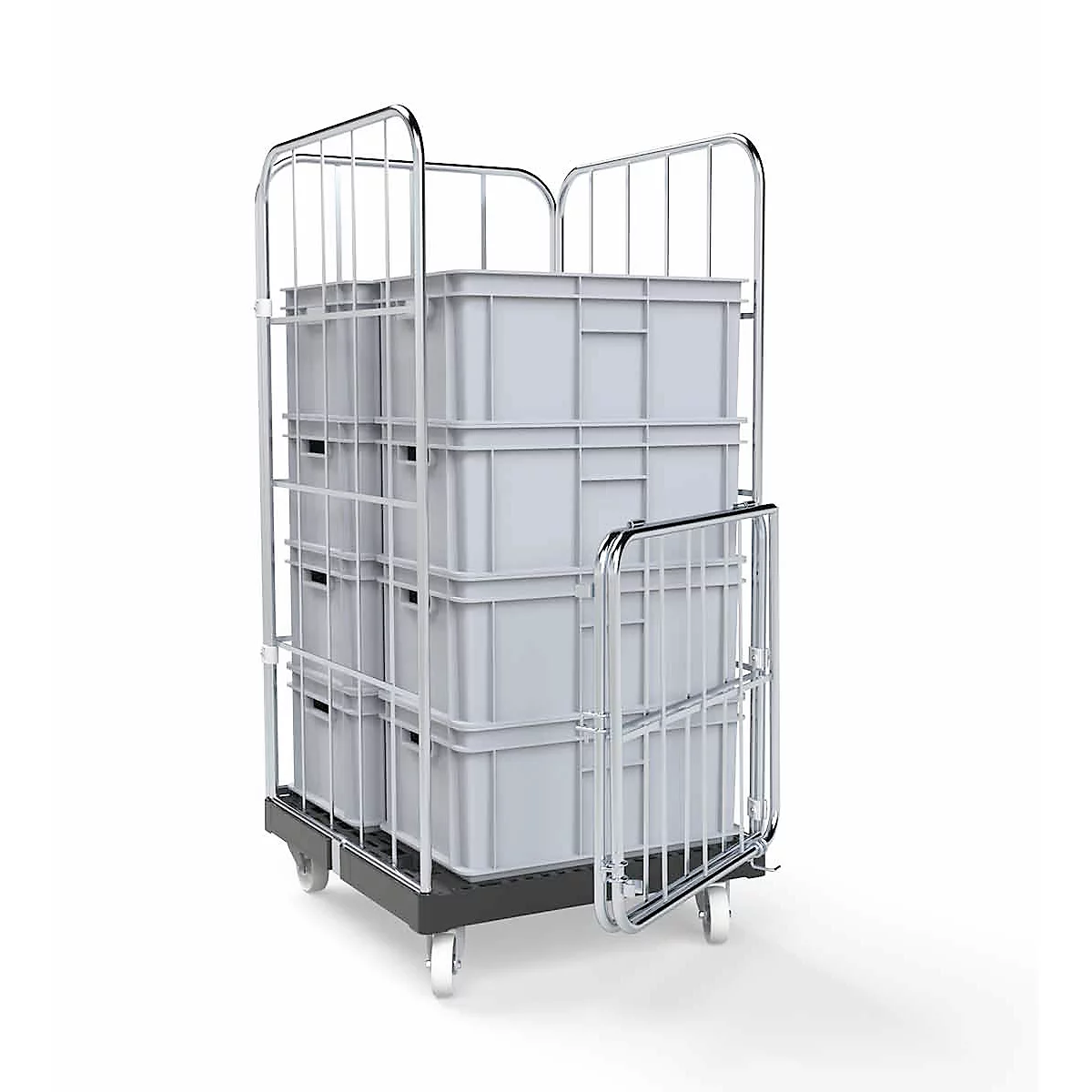 Rolkooi met meerdere grijze dozen, omgeven door een metalen frame met wielen.