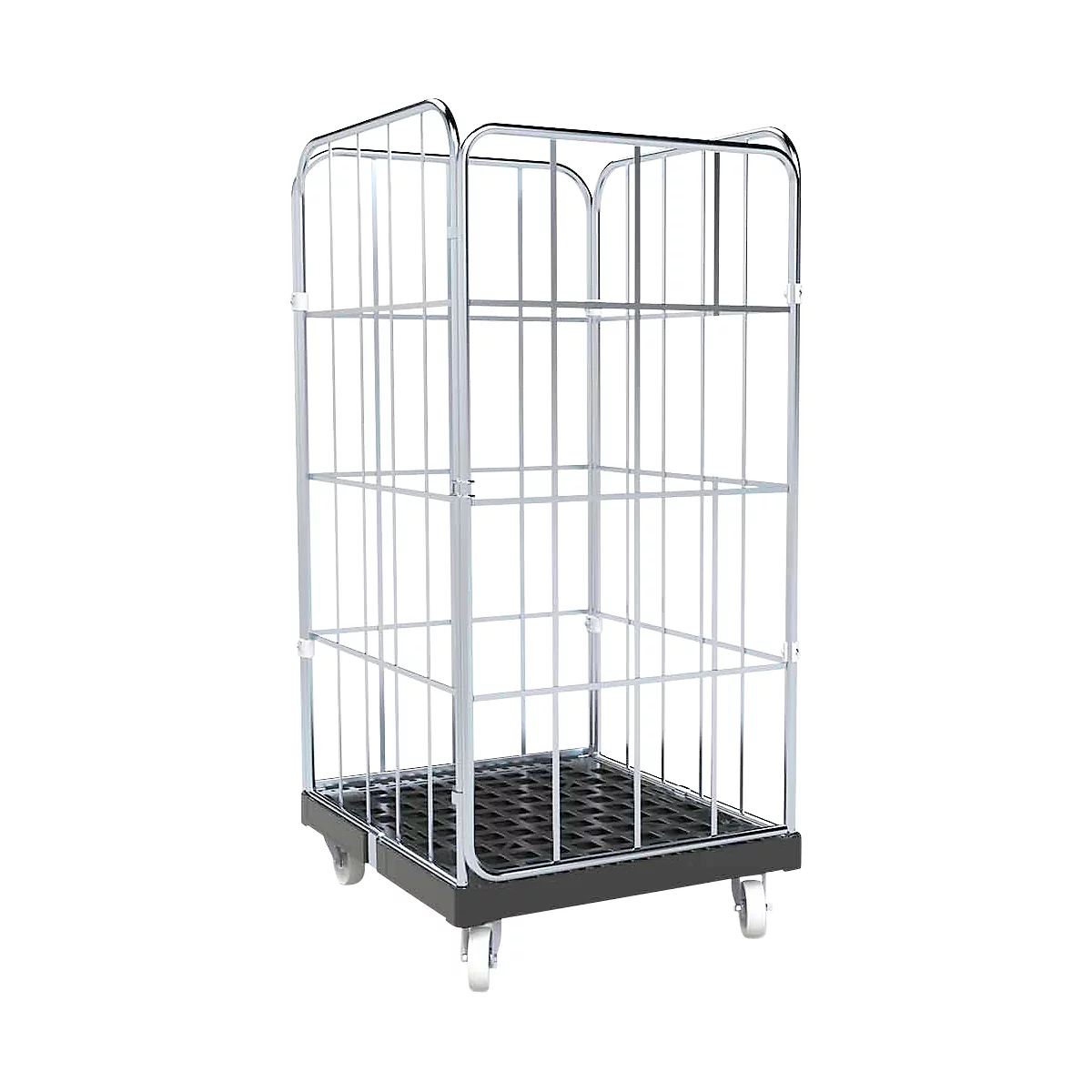 Metalen rolkooi met wielen. Zwarte kunststof basis, zilveren roosterwanden.