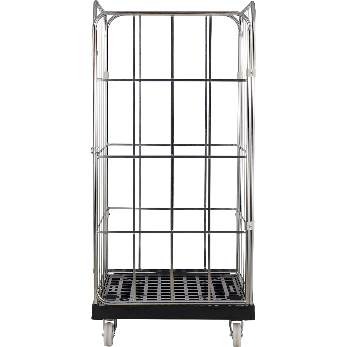 Metalen rolcontainer met roosterstructuur, zwarte bodem en wielen.