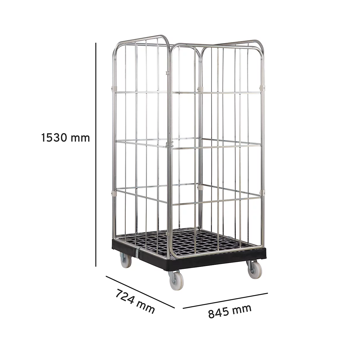 Metalen rollcontainer op wielen. Afmetingen: 1530 mm hoog, 845 mm breed en 724 mm diep.