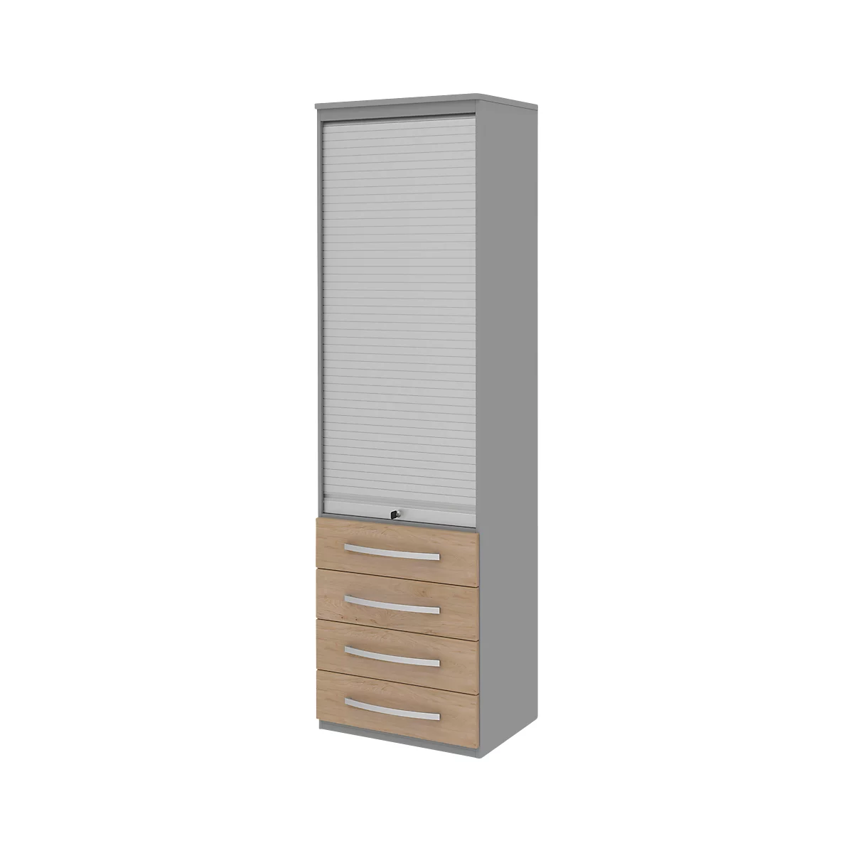 Roldeurkast BARI, 6 ordnerhoogten, 4 schuifladen, 3 legborden, afsluitbaar, B 600 x D 430 x H 2174 mm, eikenpatroon/middengrijs