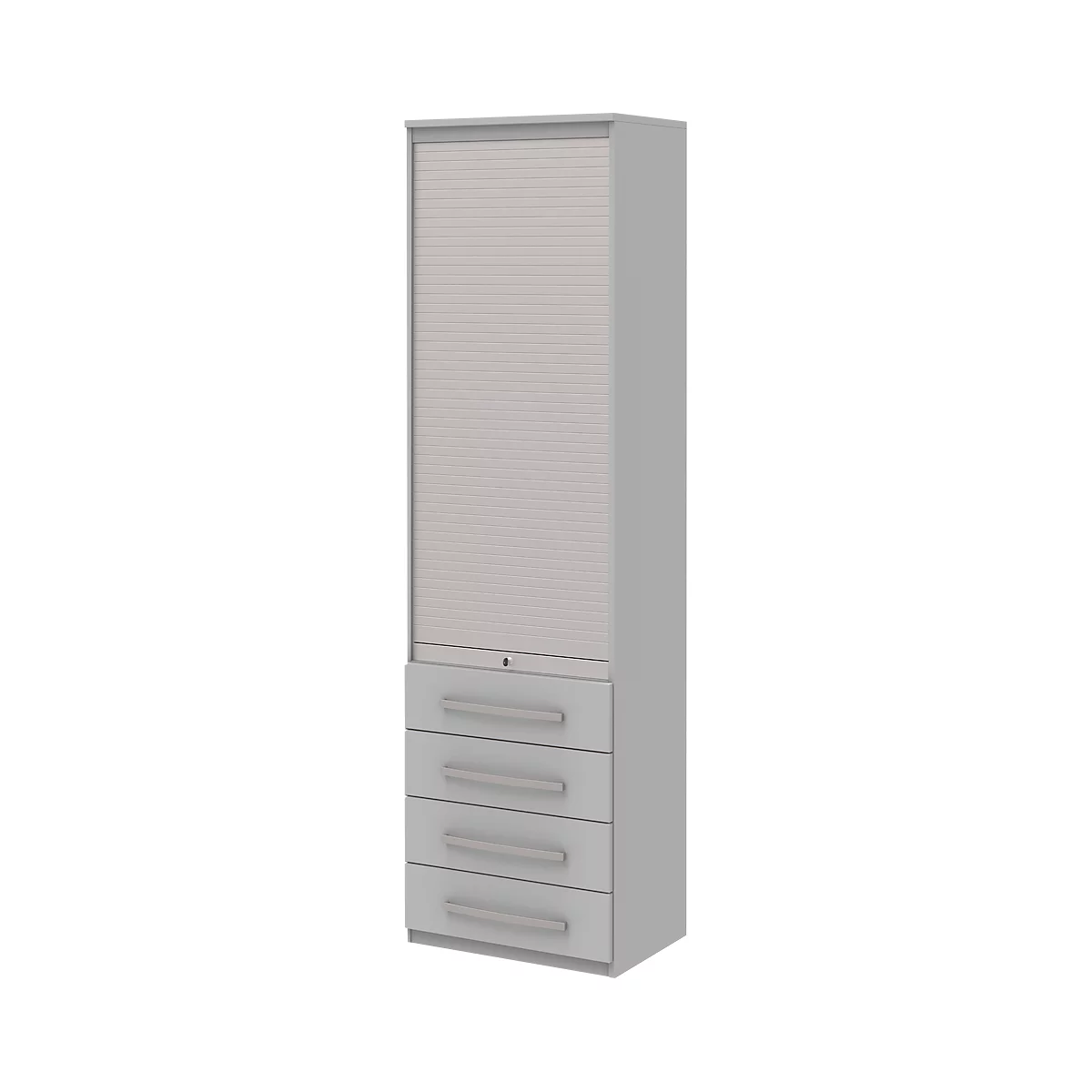 Roldeurkast BARI, 6 ordnerhoogten, 4 schuifladen, 3 legborden, afsluitbaar, B 600 x D 430 x H 2174 mm, lichtgrijs