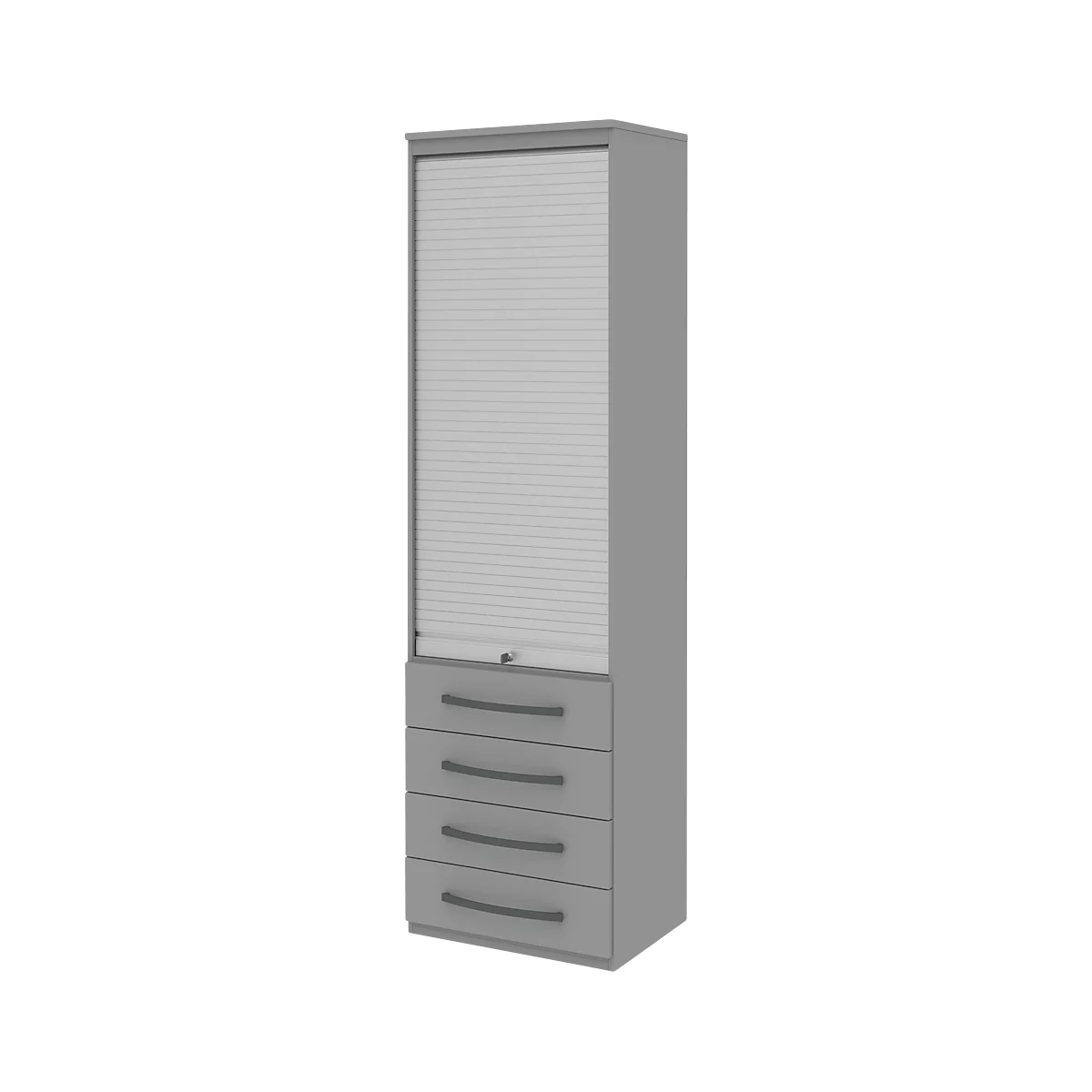 Roldeurkast BARI, 6 ordnerhoogten, 4 schuifladen, 3 legborden, afsluitbaar, B 600 x D 430 x H 2174 mm, middengrijs/middengrijs