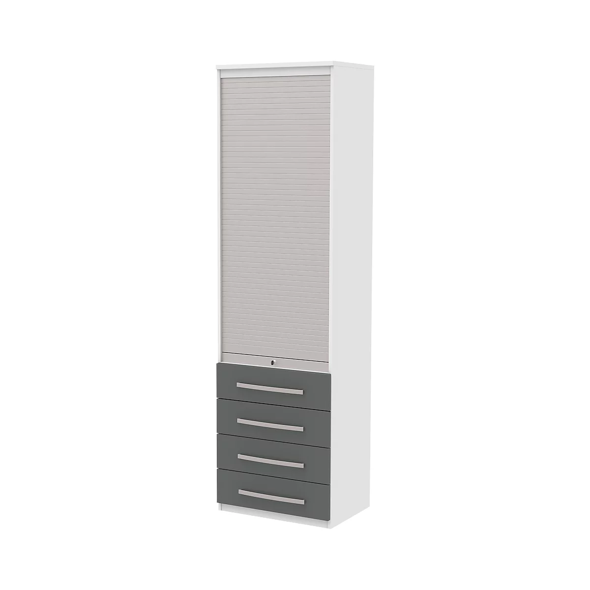 Roldeurkast BARI, 6 ordnerhoogten, 4 schuifladen, 3 legborden, afsluitbaar, B 600 x D 430 x H 2174 mm, wit/antraciet