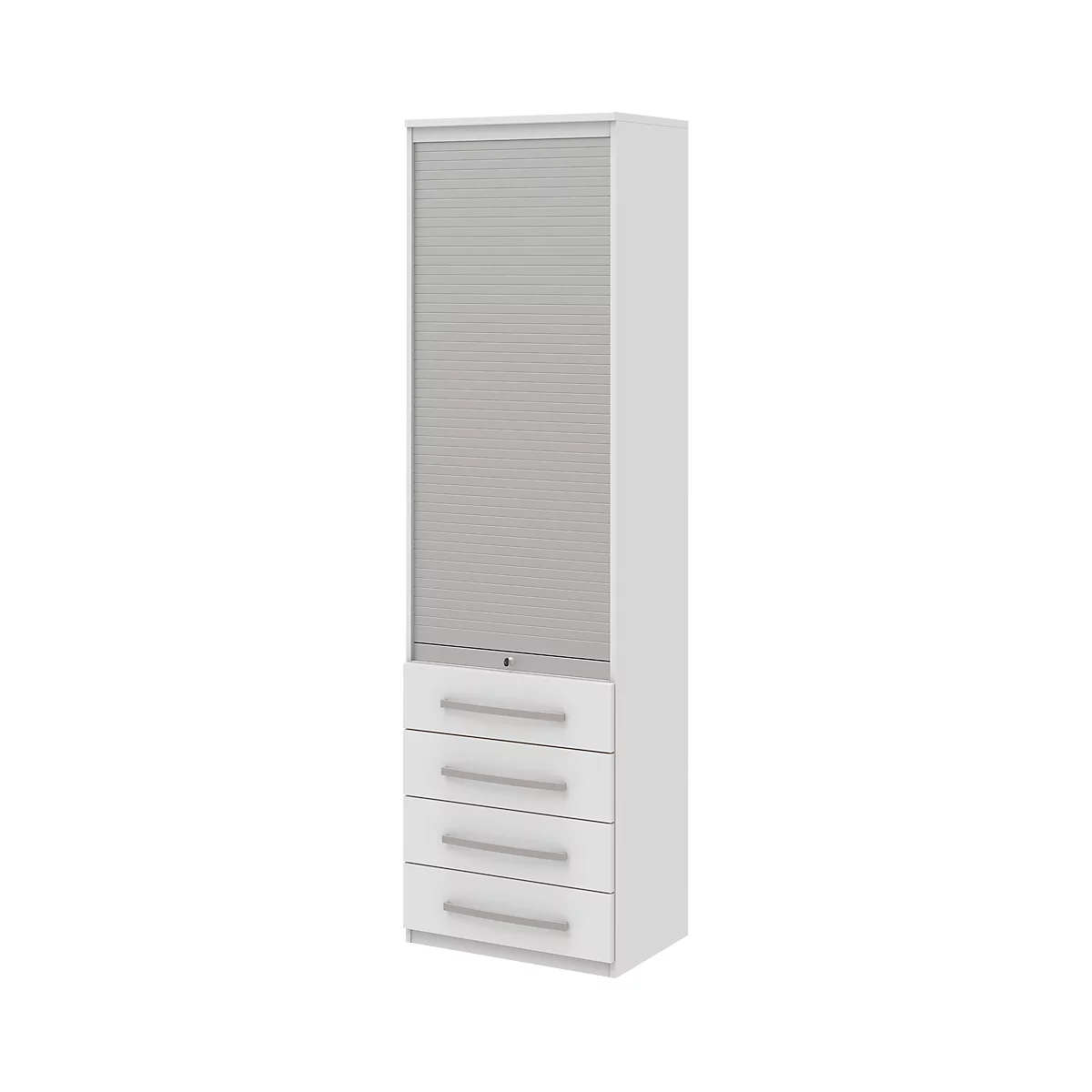 Roldeurkast BARI, 6 ordnerhoogten, 4 schuifladen, 3 legborden, afsluitbaar, B 600 x D 430 x H 2174 mm, wit