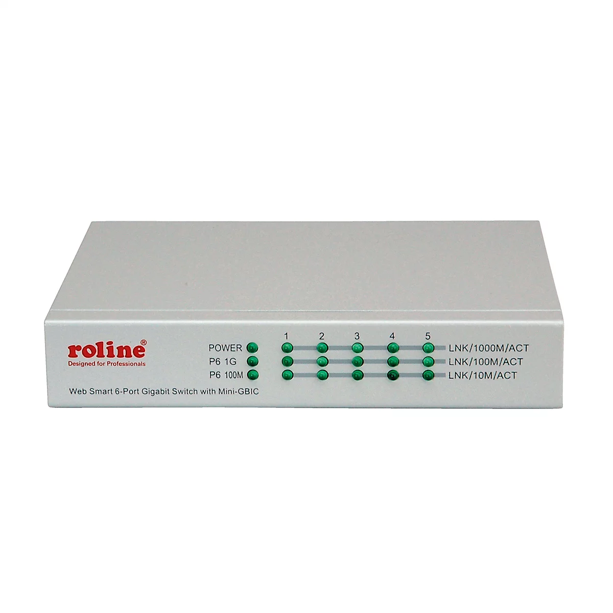 Roline Web Smart 6-Port Gigabit Switch in einem silbernen Metallgehäuse mit leuchtenden grünen Status-LEDs.