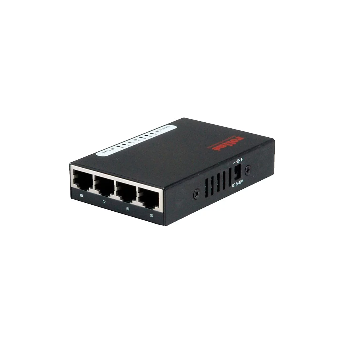 Schwarzer Roline Netzwerk-Switch mit 8 Ports vor weißem Hintergrund.