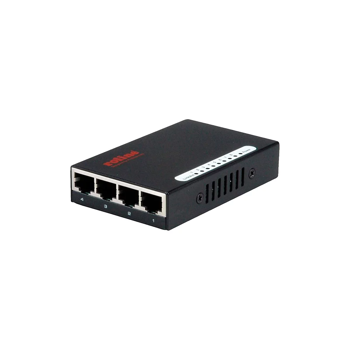 Schwarzer Roline Netzwerk-Switch mit 4 RJ45-Ports, nummeriert von 1 bis 4, und LED-Anzeigen für Status und Strom.