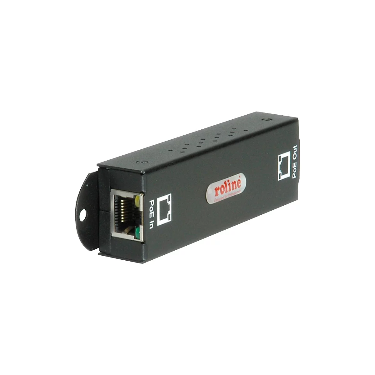 Schwarzer Roline PoE-Injektor mit zwei RJ45-Anschlüssen, beschriftet als PoE In und PoE Out.
