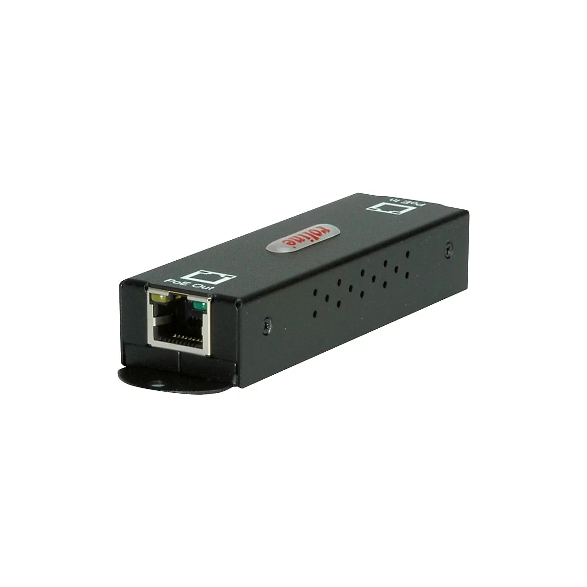 Schwarzer PoE-Injektor mit RJ45-Anschluss, beschriftet mit PoE Out und Roline-Logo auf weißem Hintergrund.