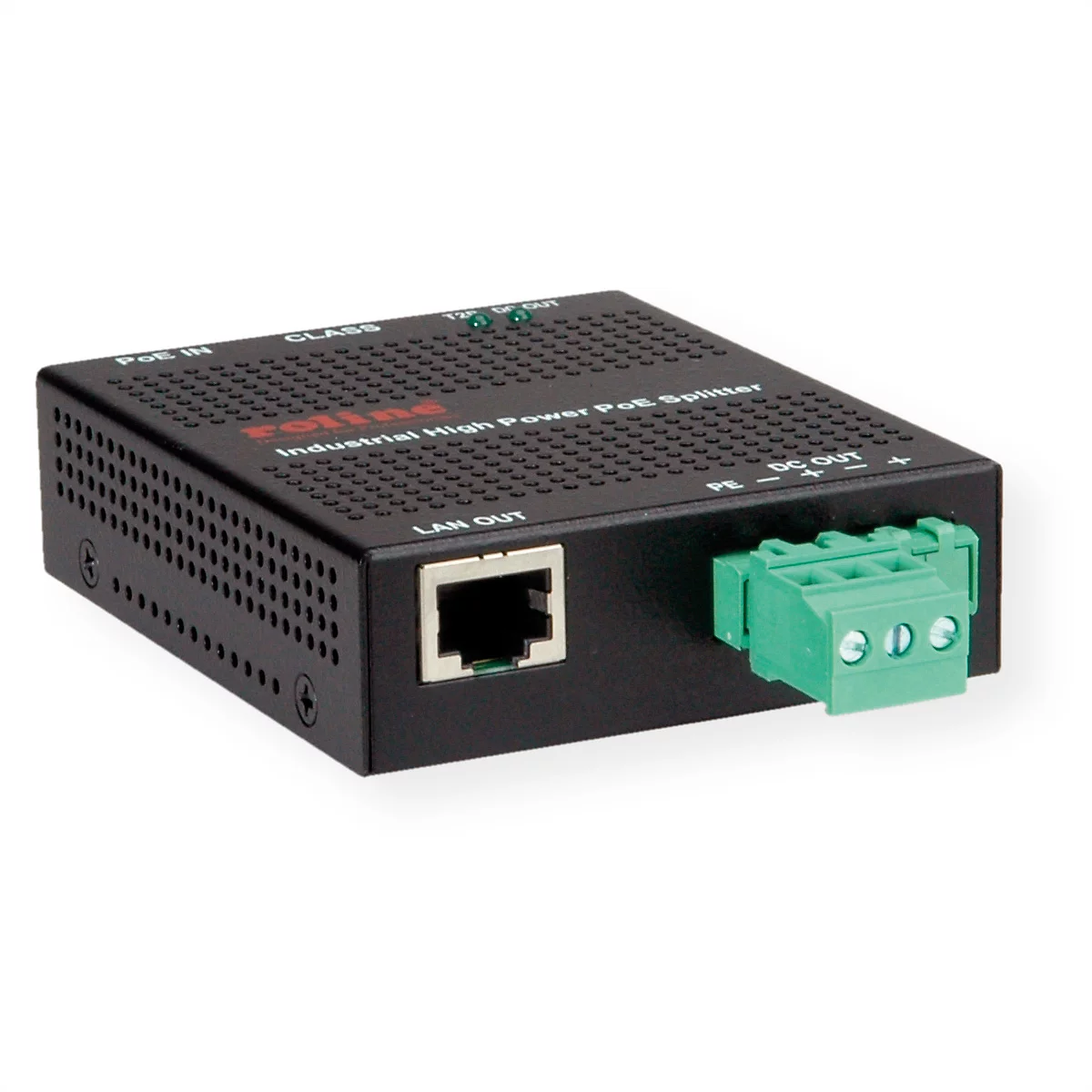 Schwarzer Roline Industrie PoE Splitter mit LAN- und DC-Anschluss auf weißem Hintergrund.