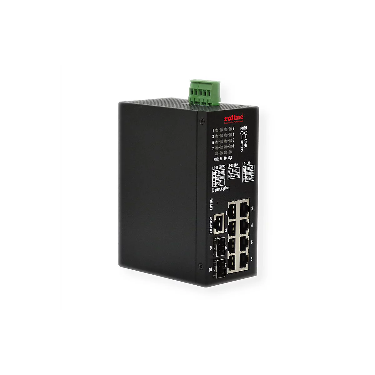 Schwarzer Industrial-Netzwerk-Switch von Roline mit mehreren LAN-Ports und LED-Anzeigen auf hellem Hintergrund.