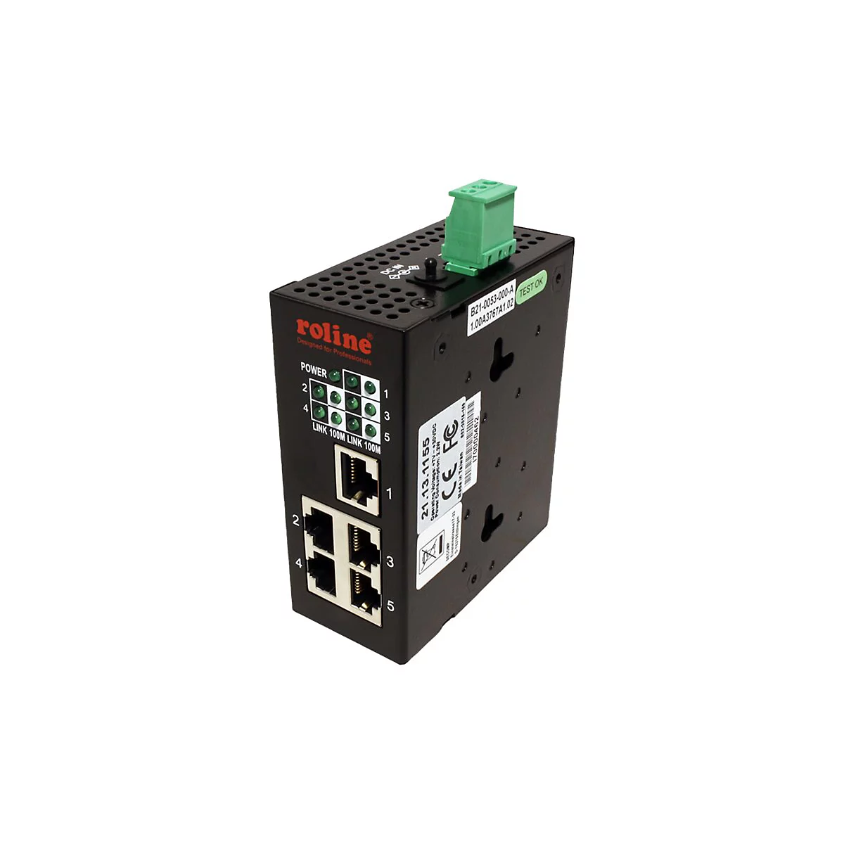 Schwarzer Roline Industrie-Ethernet-Switch mit fünf Ports und grünen Status-LEDs auf weißem Hintergrund.